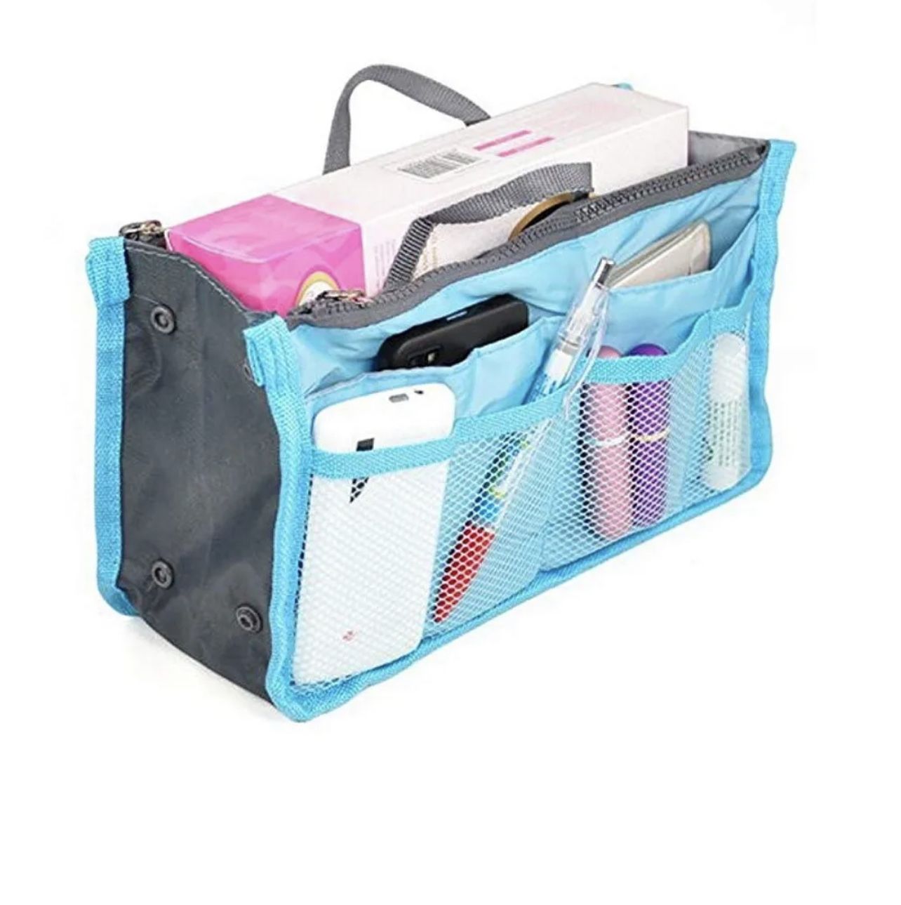 Women Multi-Pocket Travel Handbag Organizer Insert w Zipper Handles Purse Liner Blue