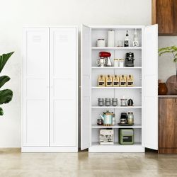6-Tier Tall Cupboard Cabinet, 71" White Kitchen Pantry Storage Cabinet, Metal Storage Cabinet with 5 Adjustable Shelves for Home Office, Living Room, 