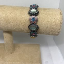 Vintage 1960’s Novelty Beautiful Scarab Enamel Floral Swarovski Multicolor Stretch Bracelet Silver