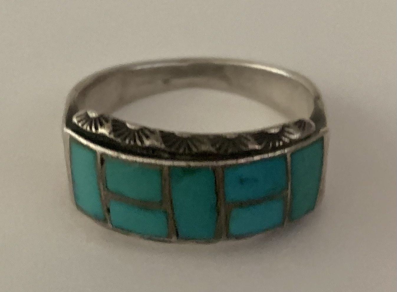 Navajo Zuni Inlay Turquoise Ring Sterling Silver VINTAGE- Stamped HC