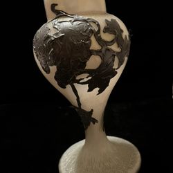 Vintage  Art  Deco  Vase Cameo Glass With Silver Leaves 