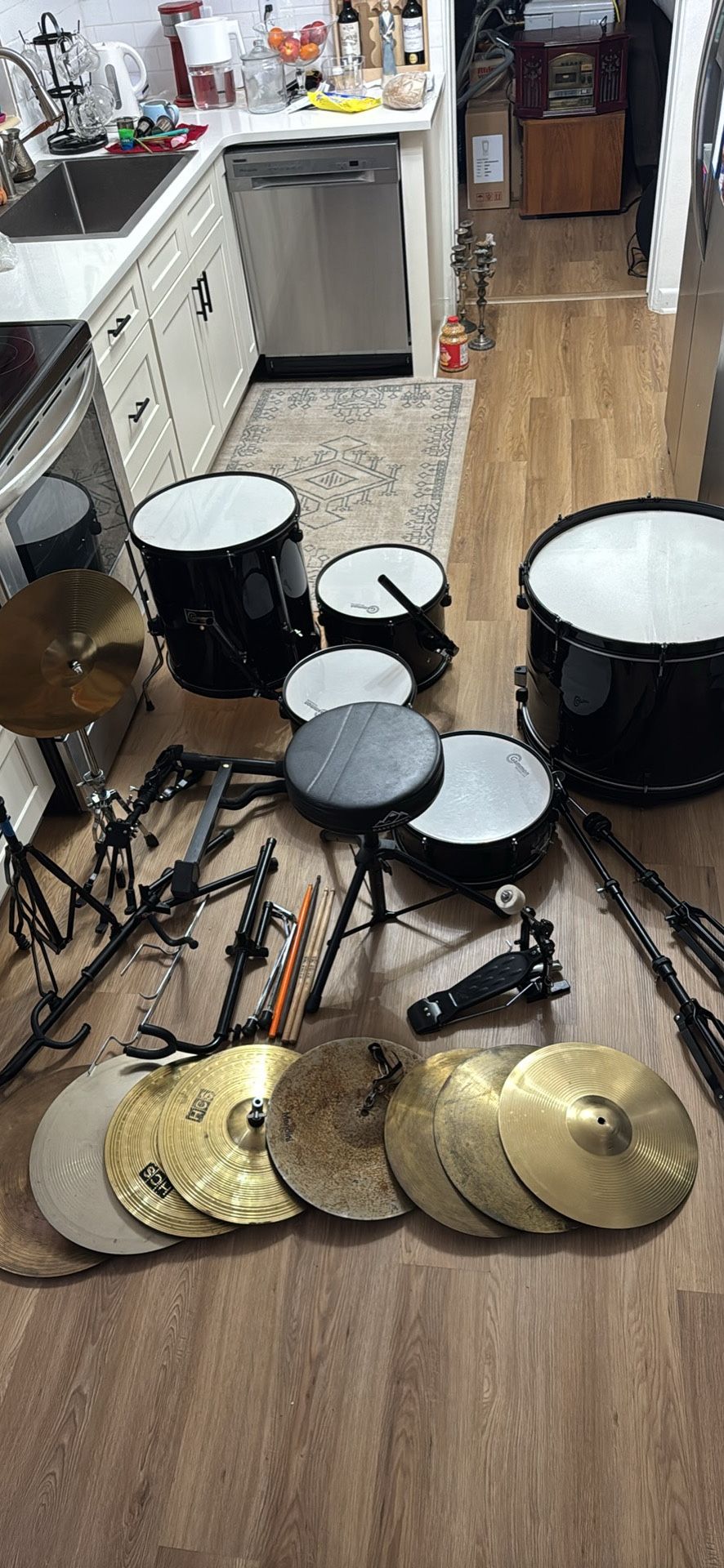 Gammon Percussion Full Size Complete Adult 5 Piece Drum Set with Cymbals, Stands, Stool, and Sticks Black