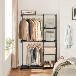 Freestanding Closet Organizer, Clothes Rack with Shelves, Hanging Rods, Storage Organizer