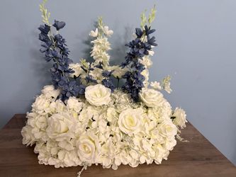 Elegant Handmade Faux Floral Arrangement – Ivory & Dusty Blue