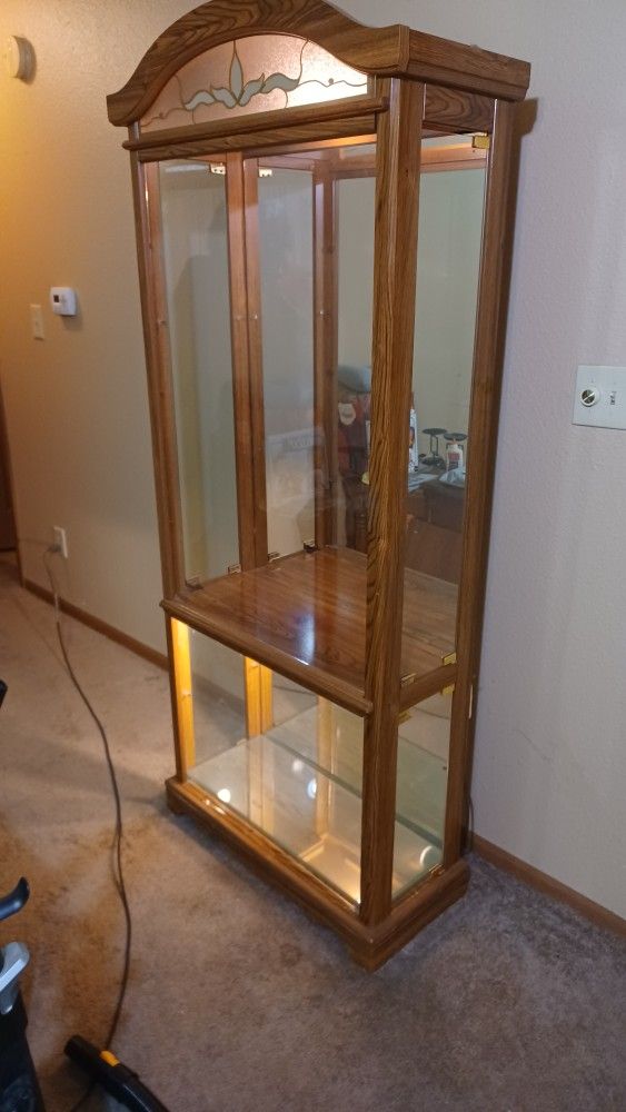 Antique Double Curio Cabinet Tempest Oak Both Sections Top And Bottom Light Up