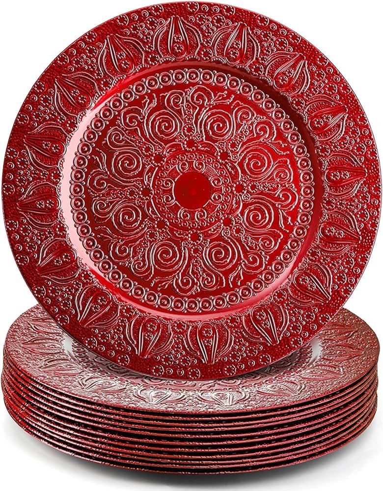 Hacaroa Set of 12 Plastic Round Charger Plates, 13 Inch Red Chargers for Dinner Plates, Antique Wedding Chargers for Table Setting, Holiday, Catering