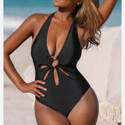 Cupshe Black Halter Top With Gold Ring Bathing Suit 