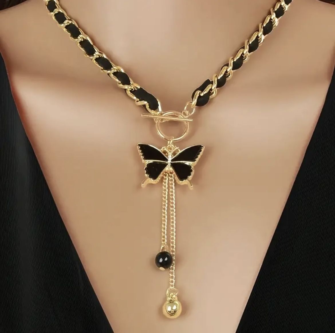 Brand New Black & Gold Toned Chain Butterfly Pendant Necklace Choker Tassel