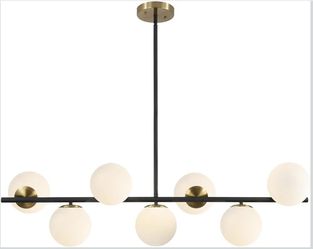 New 38.9”W Linear Large Black & Brass Sputnik 7-Light White Glass Globe Chandelier,Adjustable Height
