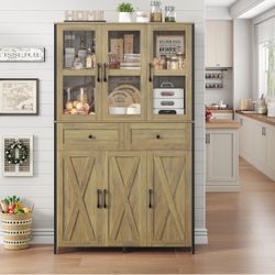 41.3" W Large Kitchen Pantry Cabinet, Pantry Storage Cabinet in Metal Frame, Bar Cabinet with Clear Glass Door, 2 Drawer & Adjustable Shelves, for Liv
