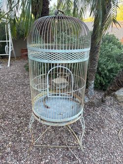Large Vintage Birdcage on Stand - Weathered White Patina