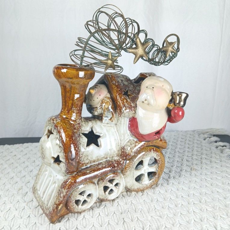 Ceramic Glazed Santa Claus Snowman Riding Train Christmas Candle Holder Decor