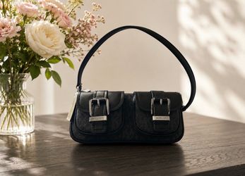 Michael Kors Black Monogram Shoulder Bag, Silver Hardware Buckle Flap Pockets