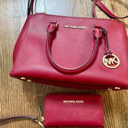 Authentic Michael Kors Sutton Medium Tote Bag + Matching Wallet Red Hand Woman 