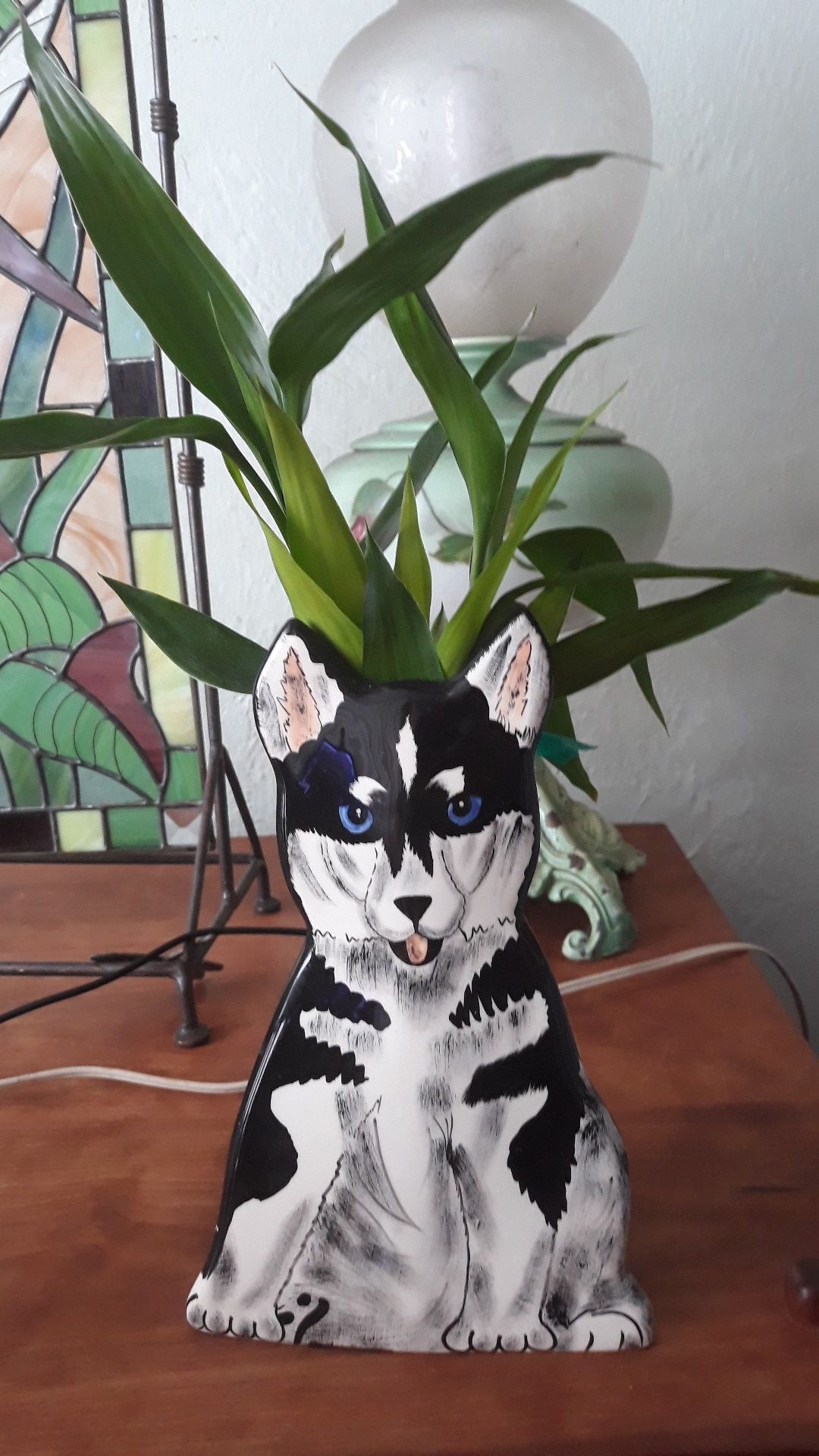 Ceramic husky holds water and bamboo plants