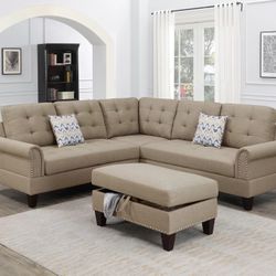 BEIGE SECTIONAL SOFA WITH ACCENT PILLOWS AND STORAGE OTTOMAN 