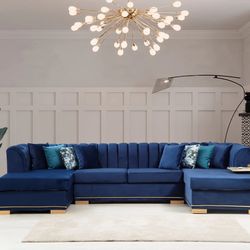 Navy Blue Double Chaise Velvet Sectional