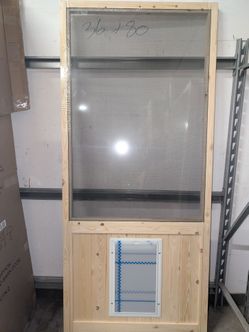 36 in. x 80 in. Single Universal Paneled Unfinished Pine Wood Gauze Mesh Hinged Screen Door with Dog Door for Backyard