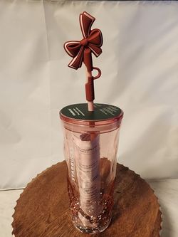 NEW Starbucks 18 oz Pink Acrylic Tumbler with Bow Straw Topper – Limited Edition