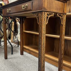 1970s Chippendale Walnut Burl Console Table with Fretwork and Banded Top