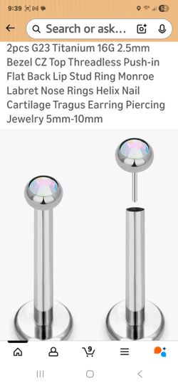 2pcs G23 Titanium 16G 2.5mm Bezel CZ Top Threadless Push-in Flat Back Lip Stud Ring Monroe Labret Nose Rings Helix Nail Cartilage Tragus Earring Pierc