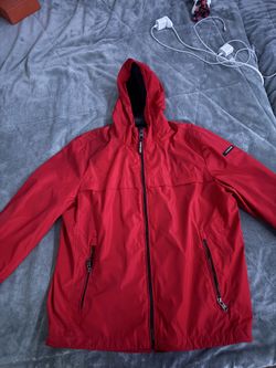 Calvin Klein Red Hooded Windbreaker Jacket Zip Logo Zipper Men Regular Size