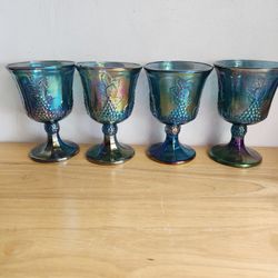 4 Antique Blue Glass Depression  Fruit Goblets Carnival Grape  Irridescent Blue 