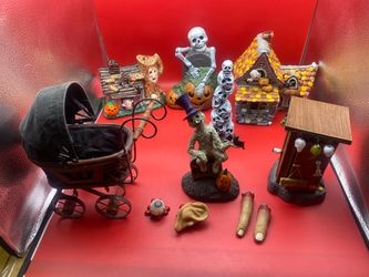 Lot of (11) Halloween Decorations Ceramic Skeletons Houses Outhouse Stroller +