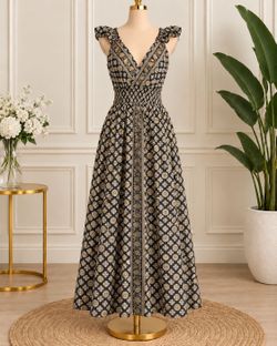 Black Gold Floral Print Maxi Dress