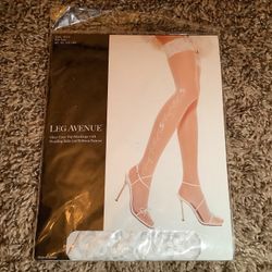Leg Avenue sheer lace top stockings w/wedding bells & ribbon pattern, white, OS