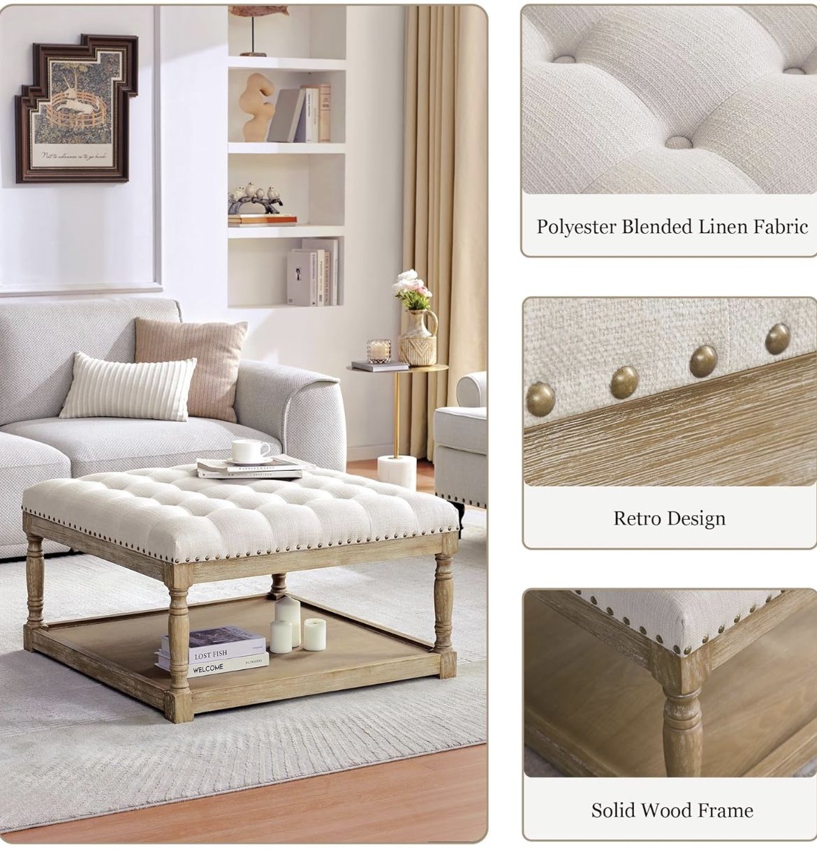 33 inch Large Square Ottoman Coffee Tables for Living Room Tufted Upholstered Linen Ottoman with Storage Shelf and Solid Legs for Office Bedroom Farm