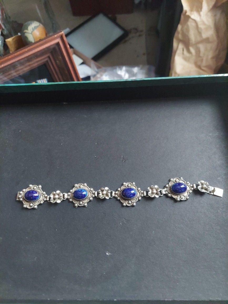 Vintage Sterling Silver And Lapiz Lazul Bracelet