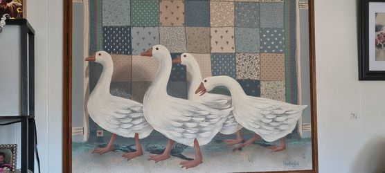 Geese and patchwork oil painting