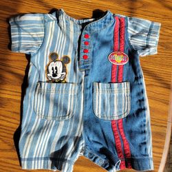 Vintage Baby Mickey & CO. Baby Mickey Pinstripe Denim Romper Size 6-9 mo.