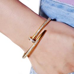 Gold Nail Bangle Bracelet with Crystals