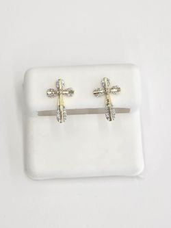 Real Natural Diamond 10k Gold Cross Stud Earring