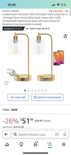 Lodstob Gold Industrial 3-Way Dimmable Table Lamps Set of 2,Vintage Touch Control Brass Desk Lamps with 2 USB Ports,Bedside Nightstand Lamps with Glas
