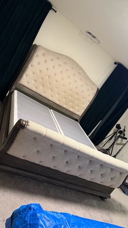 Tufted Upholstered Eastren King Bed Frame with Footboard and Spring Boxes