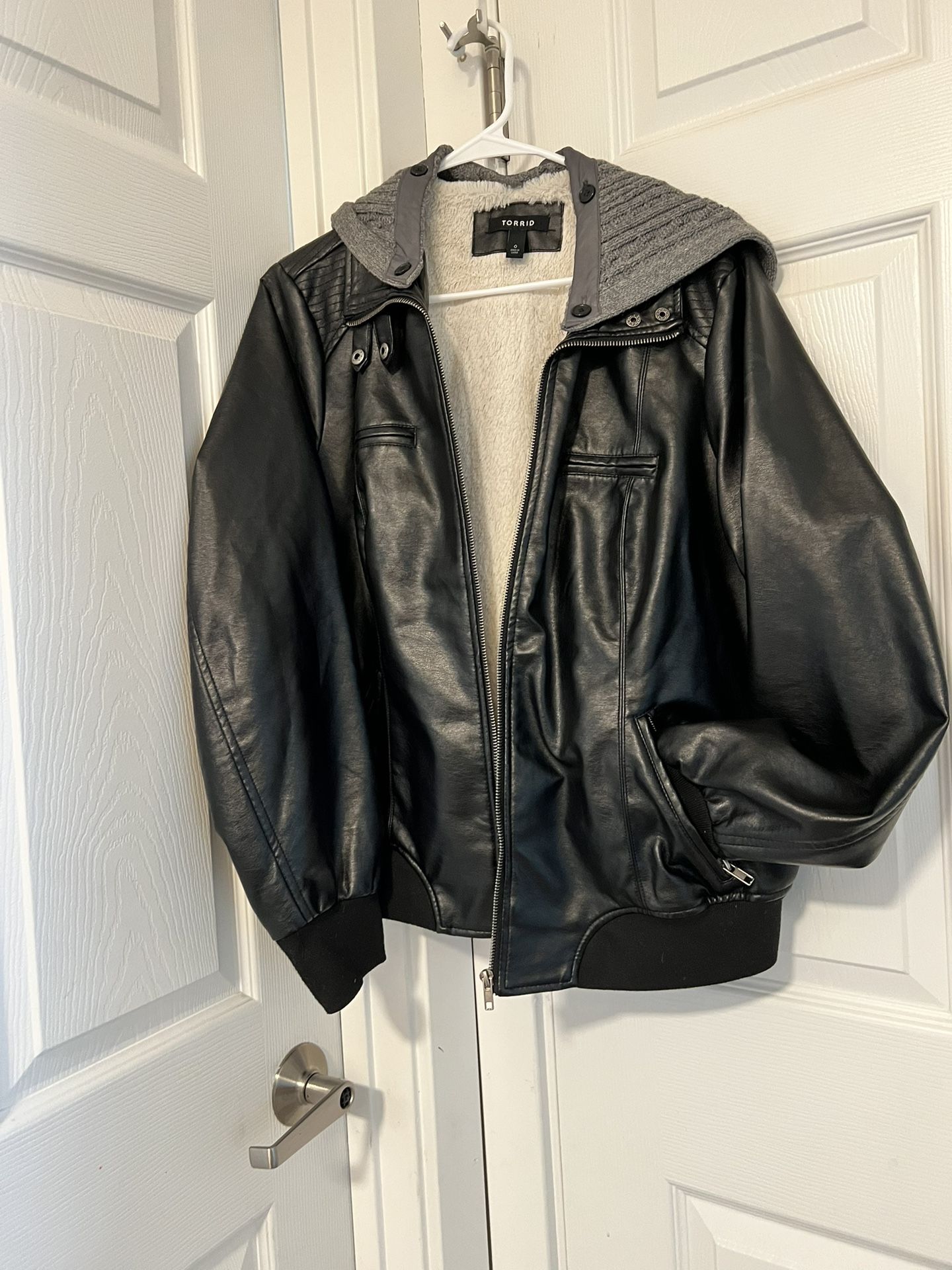 $35 Black Faux Leather Hooded Bomber Jacket