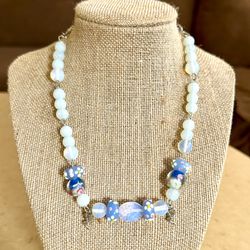 🫐 Darling, opalite & lampwork beads necklace with silver tone fairy charms
