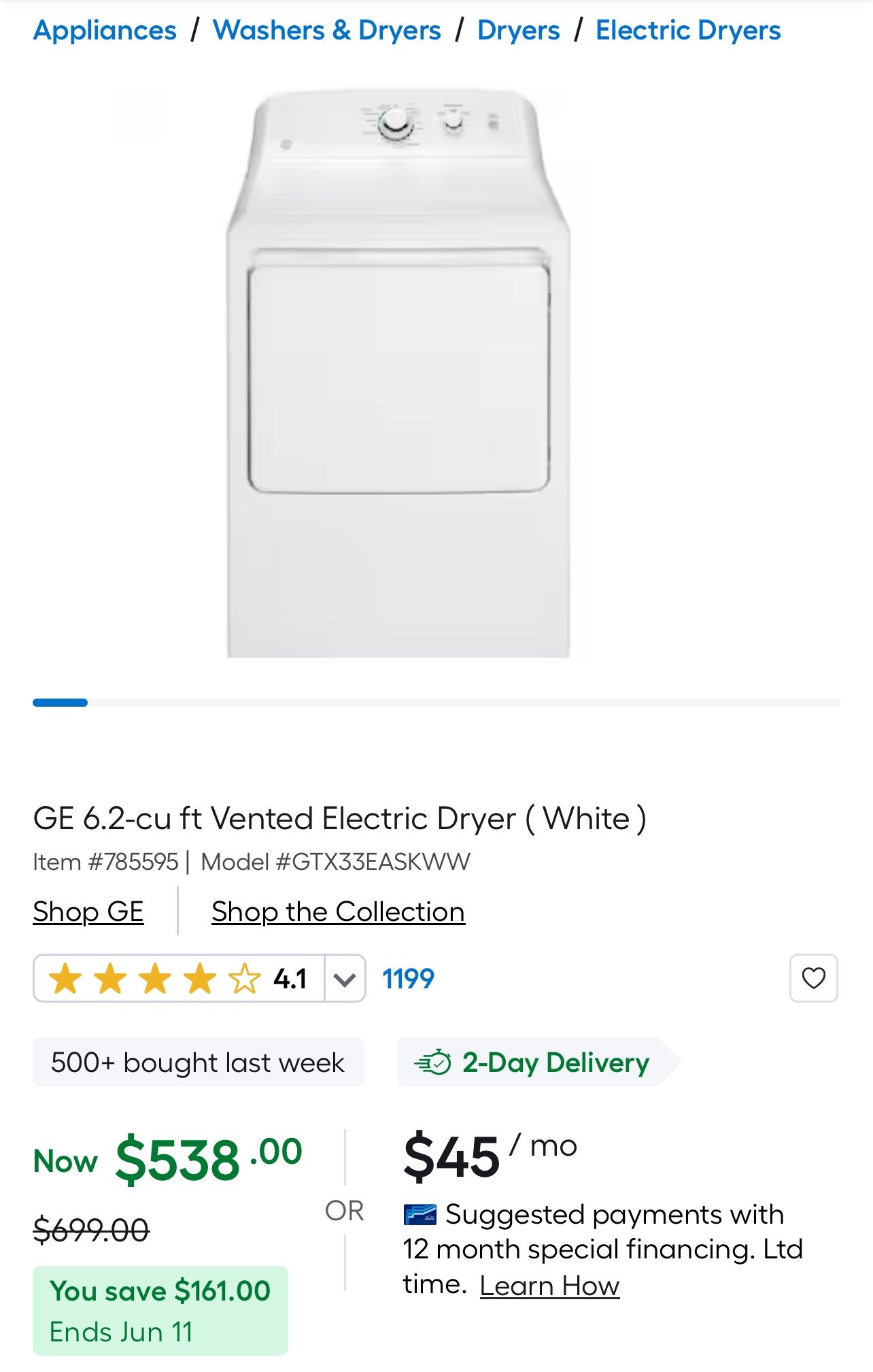 GE 6.2-cu ft Vented Electric Dryer ( White )