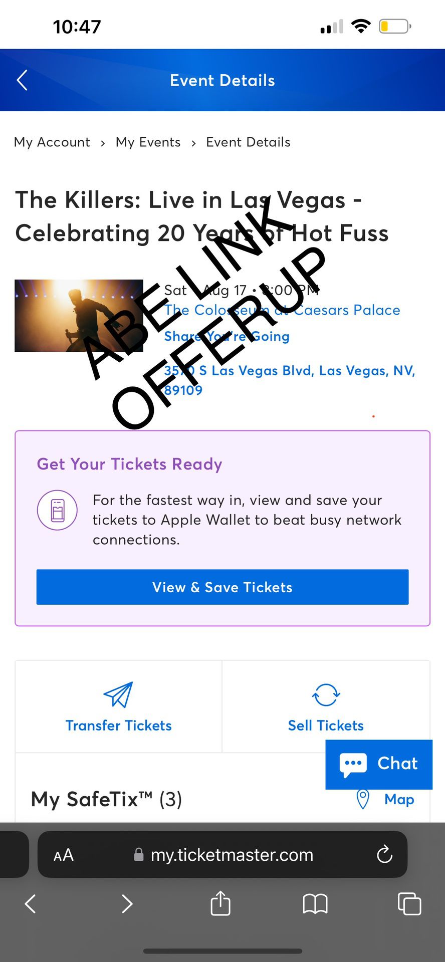 The Killers Hot Fuss 20 Las Vegas VIP Concert Ticket