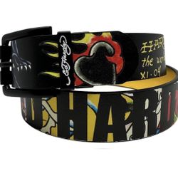 Ed Hardy Reversible Leather Belt – Tattoo Dragon Print / Solid Yellow