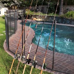  FIVE (5) Older 8’-9’ Spinning Rods & Reels-GOOD for Surf or Pier Fishing.