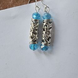 OCEAN  BLUE SWAROVSKI SILVER FILAGREE EMBOSSED ARTISAN DESIGNED SWING EARRINGS