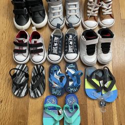 10 Pairs of Toddlers Shoes and flip flops. Flip flops size 3-4, Gray and black converse size 4, Blue all star converse size 5. All other shoes size 6.
