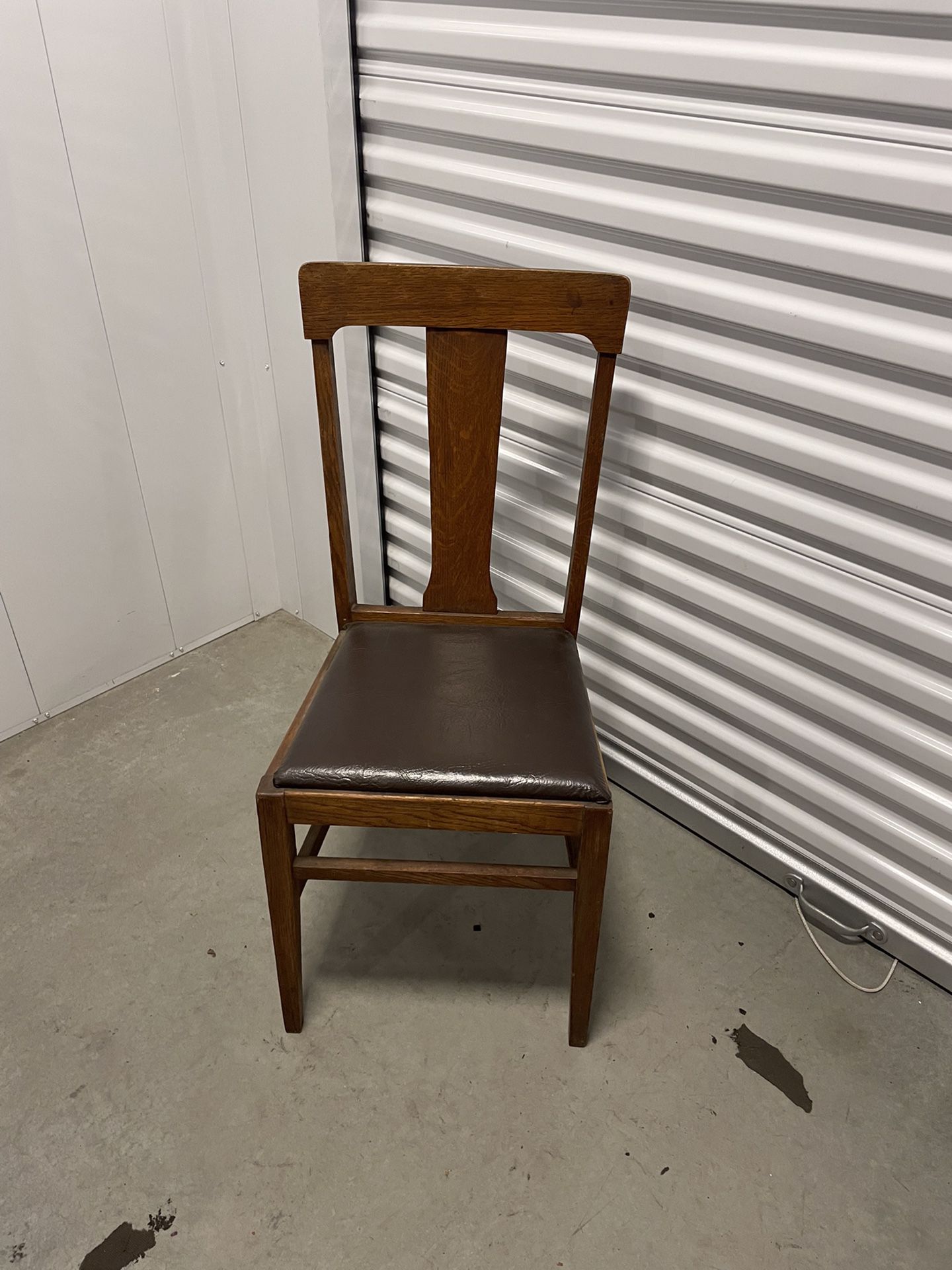 Vintage Craftsman Style Wood Single-Slat Back Chair Brown Leather Seat