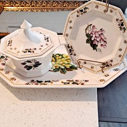 Floral Turrine With Ladle And Tray