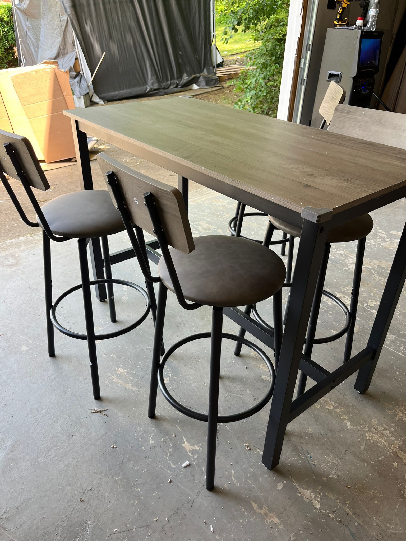 5 Piece Dining Table Set, Bar Table Set With 4 Upholstered Stools, Wooden Backrest, Ring-shaped Footrest