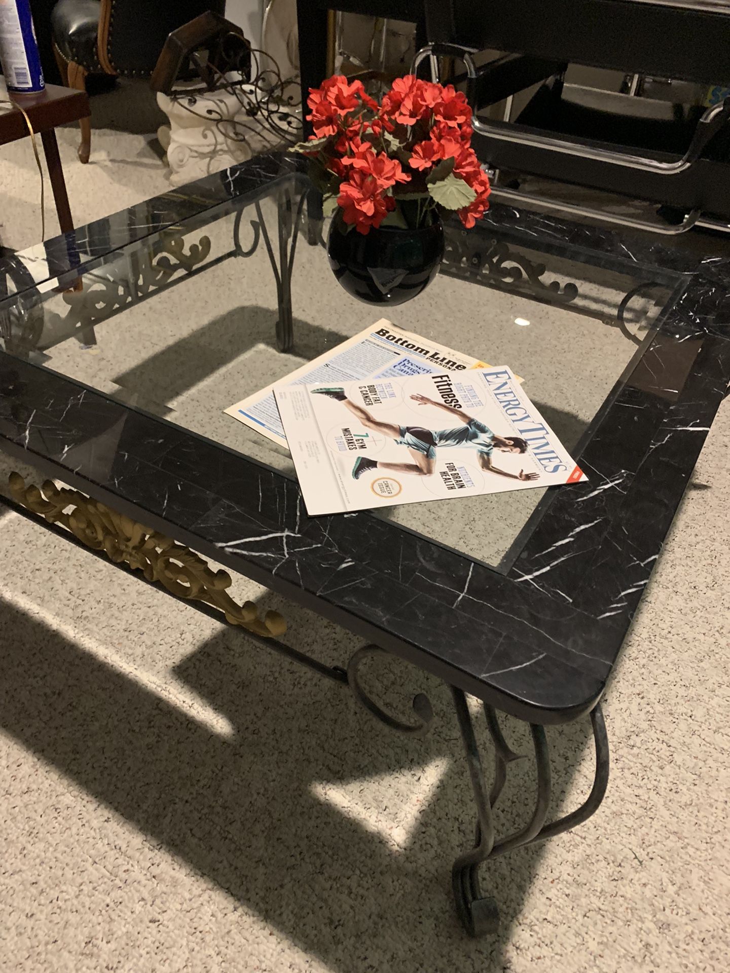 Marble With Beveled Glass Insert Topped Wrought Iron Coffee Table 